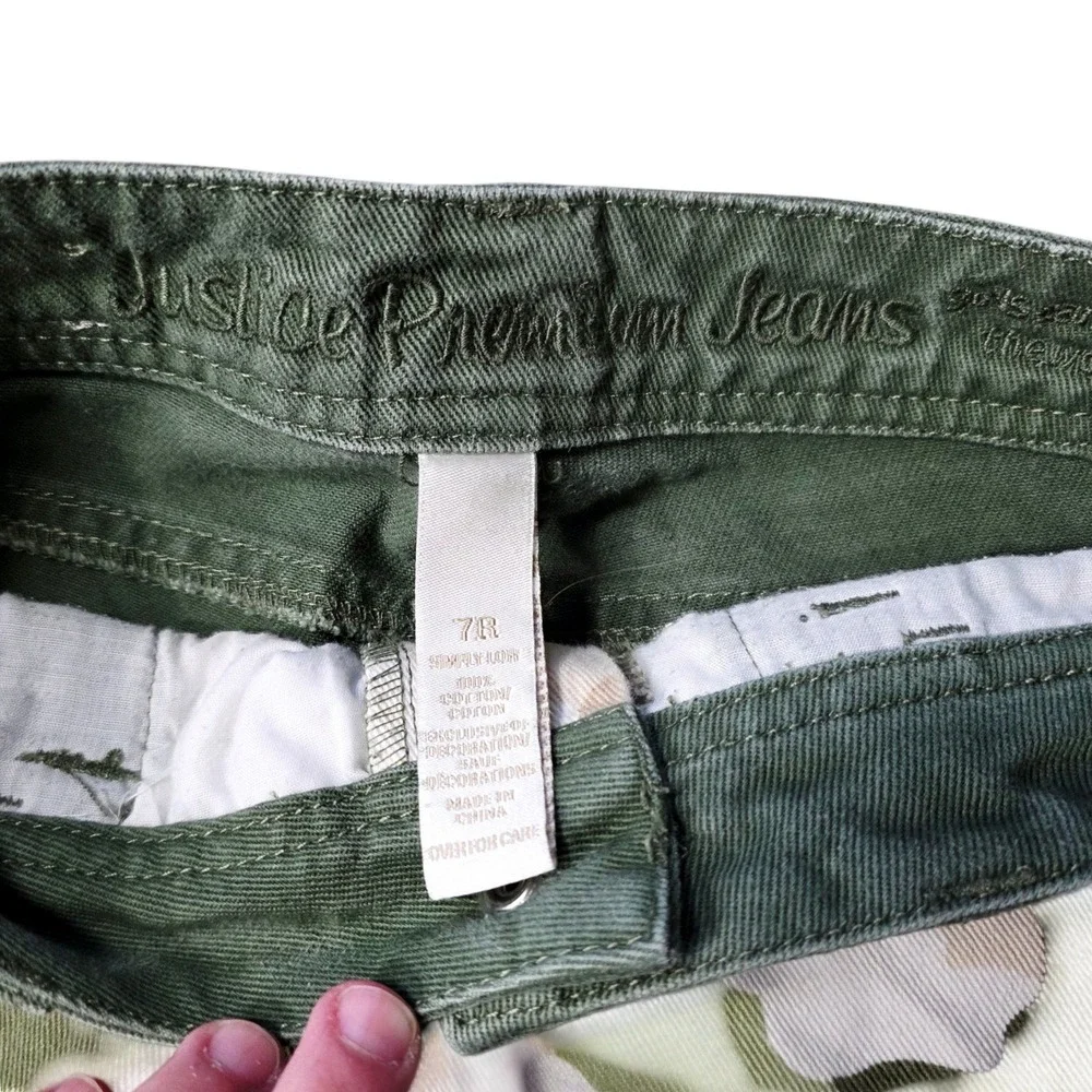 Justice Girls Green Camo Denim Shorts Rhinestone Embellished Raw Hem 7 2013